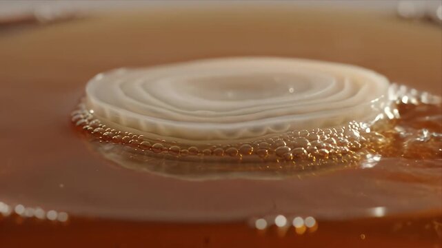 Close up of a SCOBY growing in fermenting kombucha tea with water being poured onto it