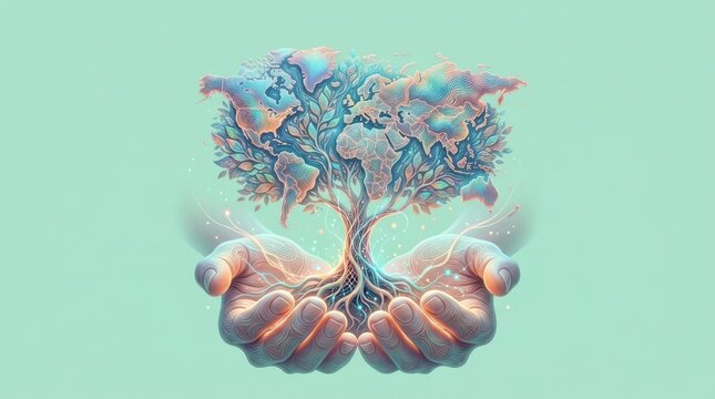 Hands Holding a Tree with World Map Hands Tree World Map Nature Global Unity Environment Sustainability. Concept featuring hands, tree, world map, nature, global unity for professional commercial d...