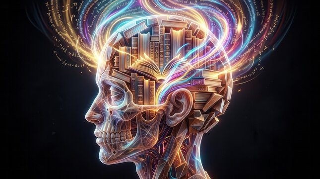 Creative Concept of Knowledge and Learning Knowledge Learning Creativity Artistic Human Skull Books Education. Concept featuring knowledge, learning, creativity, artistic, human skull for professio...