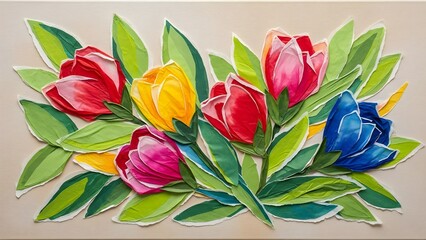 Obraz premium A vibrant bouquet of tulips in various colors set against a beige background
