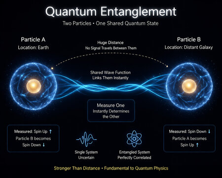 Labeled Quantum Entanglement Concept Showing Particle Connection and Instant Correlation