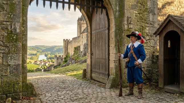 Medieval Guard at Castle Gate Medieval Castle Guard Historical Reenactor Landscape Fortress. Concept featuring medieval, castle, guard, historical, reenactor for professional commercial design.