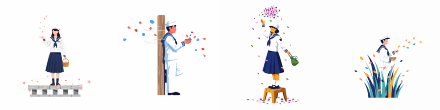 Set of vector illustrations depicting students and sailors in nautical uniforms joyfully scattering colorful flower petals, perfect for spring and celebration themes.