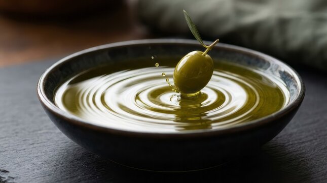Olive Oil Splash with Green Olive Olive Oil Green Olive Splash Ripples Bowl Cooking Food. Concept featuring olive oil, green olive, splash, ripples, bowl for professional commercial design.