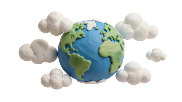 Handmade clay Earth globe with fluffy clouds, isolated on transparent background