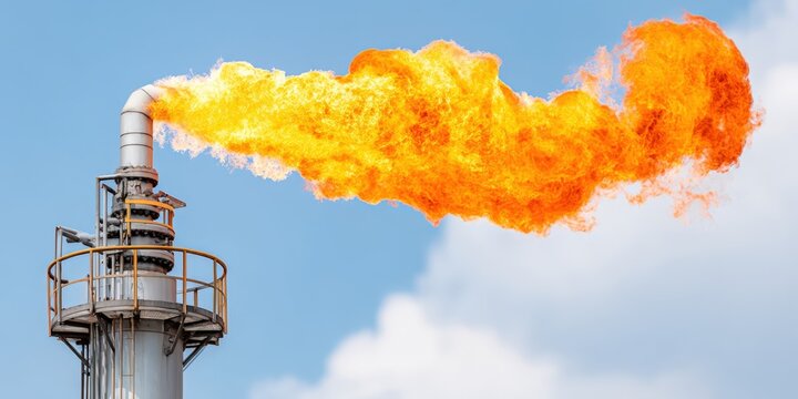 Industrial gas flare stack burning bright orange flame against blue sky