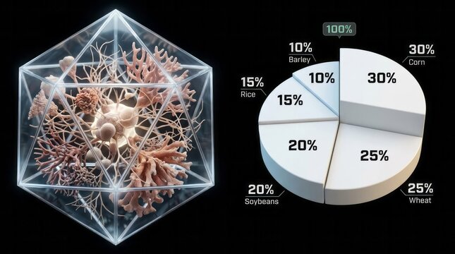 3D Data Visualization of Crop Distribution 3D Visualization Crop Distribution Data Analysis Geometric Design Pie Chart Agriculture Corn. Concept featuring 3d visualization, crop distribution, data ...