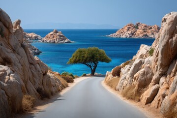 Obraz premium Coastal road between rocky cliffs leading to a lone tree by the turquoise sea and distant islands under a clear blue sky