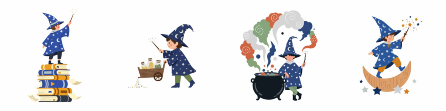 Whimsical illustrations of a little boy dressed as a wizard performing magic with books, crystals, a cauldron, and a crescent moon.
