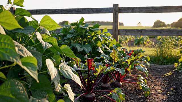 Garden bed with organic beans and beets growing in rows highlights garden as axis, repeated as garden vegetable, garden plant, and garden growth for healthy food visuals