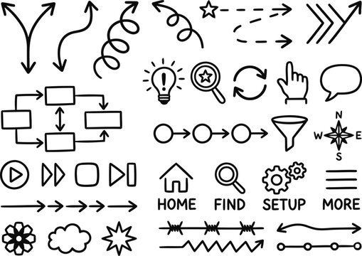 A collection of hand drawn doodle icons and arrows for user interface design and flowcharts