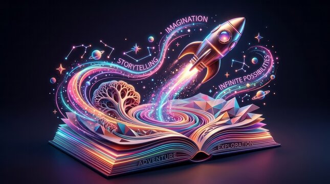 Imaginative Book with Rocket and Cosmic Elements Book Rocket Imagination Storytelling Cosmic Adventure Exploration. Concept featuring book, rocket, imagination, storytelling, cosmic for professiona...