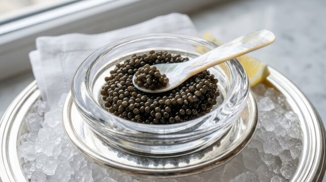 Elegant Serving of Caviar with Lemon Caviar Luxury Food Gourmet Seafood Appetizer Fine Dining Silver Tray. Concept featuring caviar, luxury food, gourmet, seafood, appetizer for professional commer...