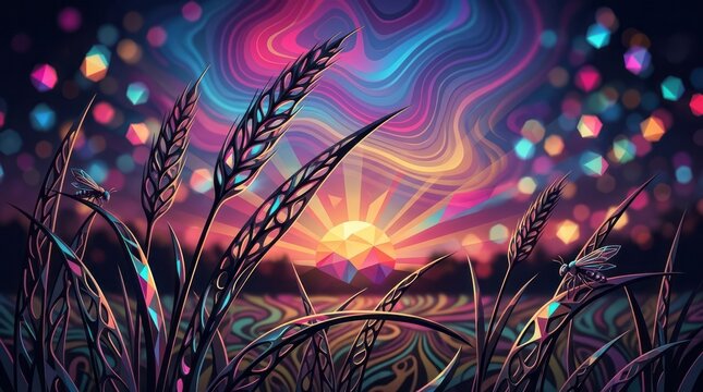 Colorful Sunset Over Wheat Field Sunset Wheat Field Colorful Nature Landscape Artistic. Concept featuring sunset, wheat, field, colorful, nature for professional commercial design.