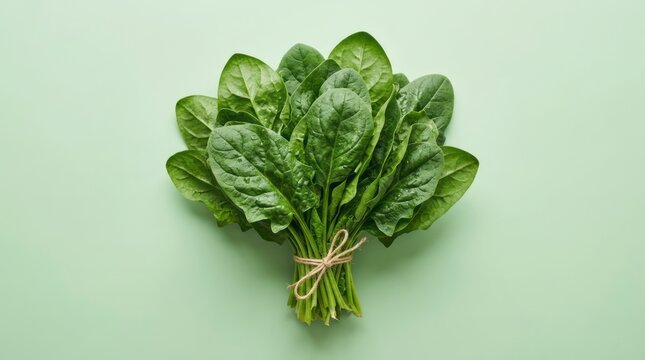 Fresh Spinach Bunch on Green Background Spinach Fresh Vegetables Green Leaves Healthy Food Organic Produce Vegetarian Cooking Ingredients. Concept featuring spinach, fresh vegetables, green leaves,...