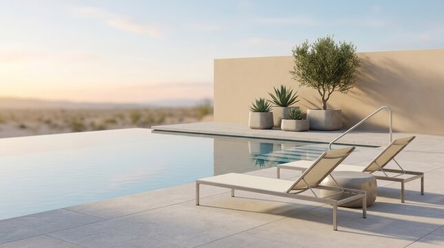 Modern Poolside Oasis with Lounge Chairs Pool Lounge Chairs Modern Design Outdoor Relaxation Landscape Serene. Concept featuring pool, lounge chairs, modern design, outdoor, relaxation for professi...