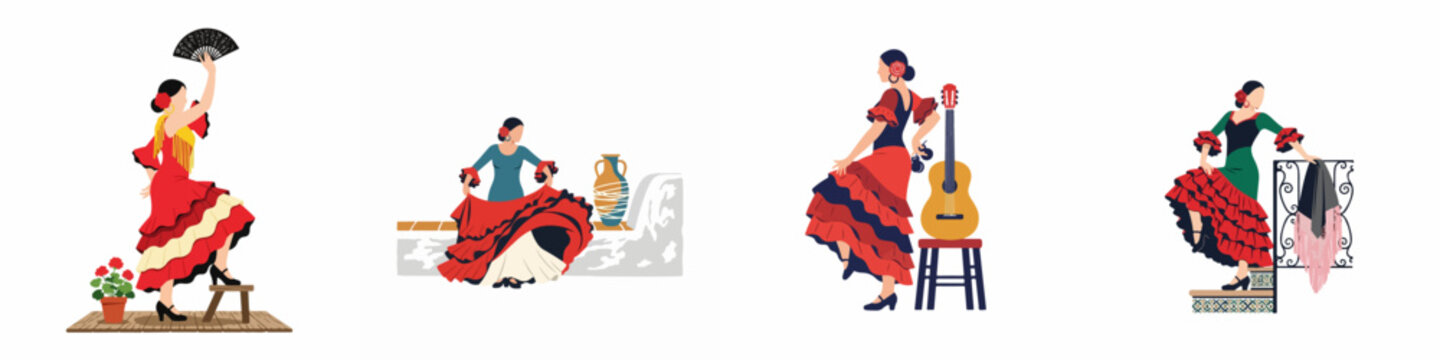 Set of illustrations featuring women in traditional Spanish flamenco dresses performing dance movements with cultural symbols like guitars, fans, and shawls.