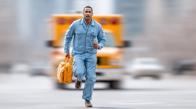 Paramedic running to emergency scene with ambulance