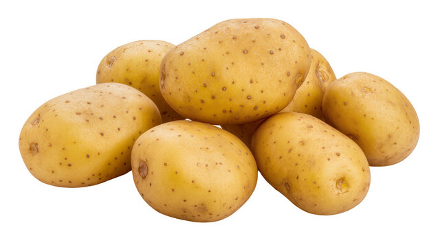 Pile of fresh raw yellow potatoes with brown spots, isolated on transparent background