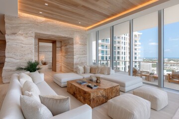 Obraz premium Luxury penthouse living room with modern neutral decor, large windows, city skyline view and spacious terrace seating