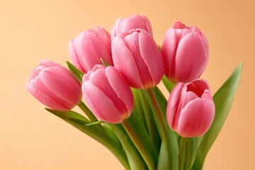 Fototapeta premium Pink tulip bouquet with fresh green leaves against a soft peach background