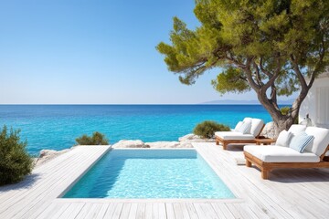 Fototapeta premium Luxury seaside pool terrace with white sun loungers, turquoise water and pine tree overlooking calm blue ocean under clear summer sky