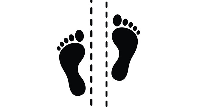 A pair of black footprints are displayed against a white background showing distinct toe and heel shapes silhouette