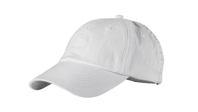 Plain white baseball cap with curved brim, isolated on transparent background