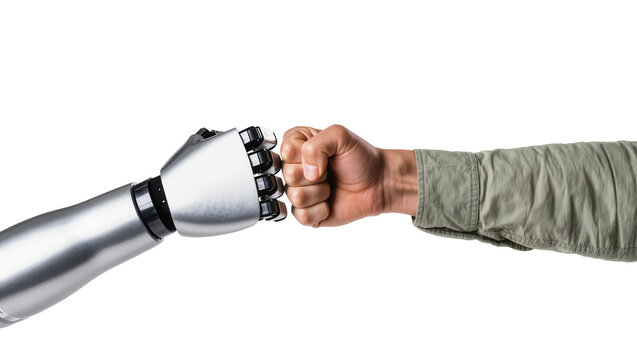 Robotic hand and human fist bumping, isolated on transparent background