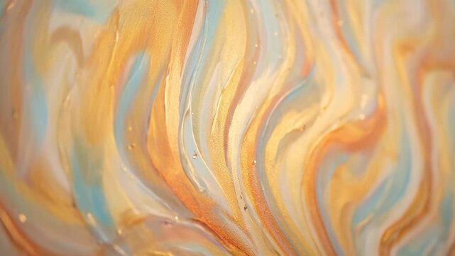 A million tiny crystals released into the sky concept. Abstract colorful fluid art with flowing golden orange blue waves and smooth texture background