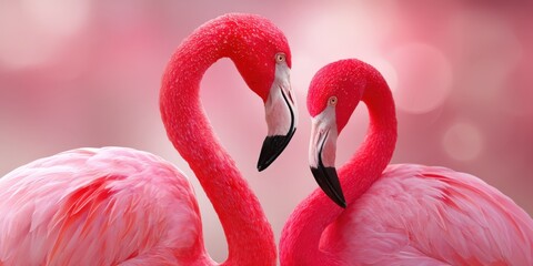 Naklejka premium Two pink flamingos facing each other forming a heart shape with their necks against a soft pink bokeh background