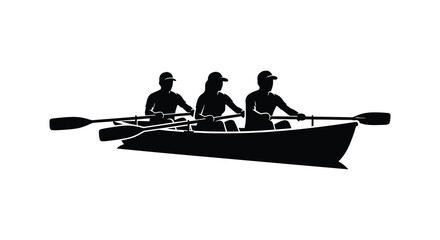 A striking black silhouette depicts four people rowing a boat capturing a sense of teamwork and adventure silhouette © jivect02