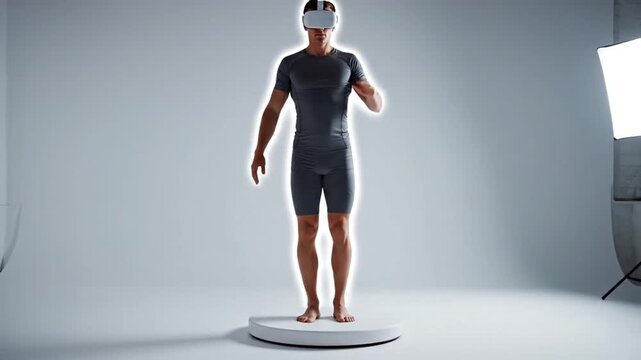 Man wearing virtual reality headset standing on turntable.