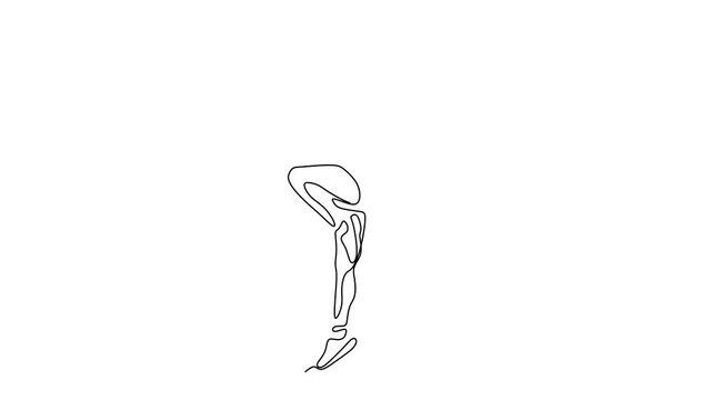 Animated self drawing of continuous line draw of   woman exercising in the morning. Fitness stretching concept.    Full length one line animation. 4K
