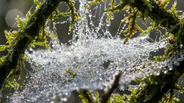 A million tiny crystals released into the sky concept. Close up of dewy spider web glistening on green mossy branches in natural forest light