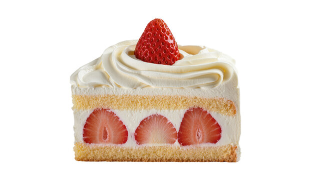 Slice of strawberry shortcake with cream and fruit, isolated on transparent background