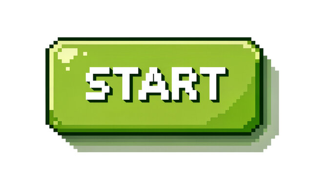 Pixelated green START button with glossy effect, isolated on transparent background