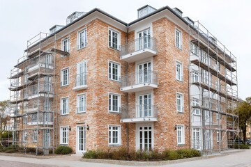Fototapeta premium New brick apartment building with balconies surrounded by scaffolding during exterior construction work
