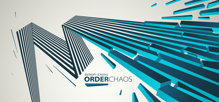 Entropy concept vector abstract background with debris flying in chaos, destruction theme wallpaper, exploded pieces disorder 3D design