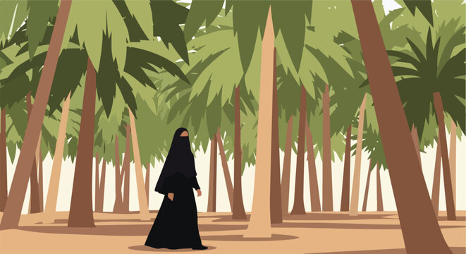 A person in a black niqab walks through a stylized grove of tall palm trees