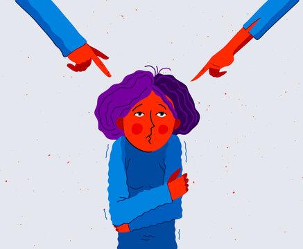 Adult man and woman blames and shames young woman or teenager girl, vector concept of shaming and blaming manipulations by people who have authority and power.