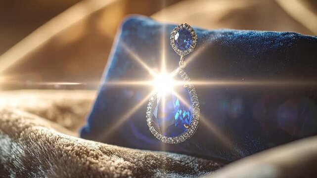 Elegant close-up of a luxurious blue gemstone earring resting on a velvet cushion, showcasing exquisite craftsmanship.