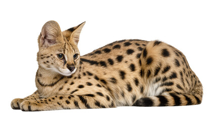 Spotted serval cat lying down, isolated on transparent background © Miguel