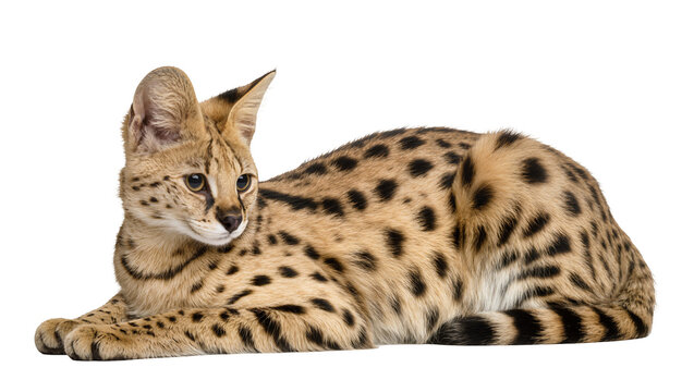 Spotted serval cat lying down, isolated on transparent background