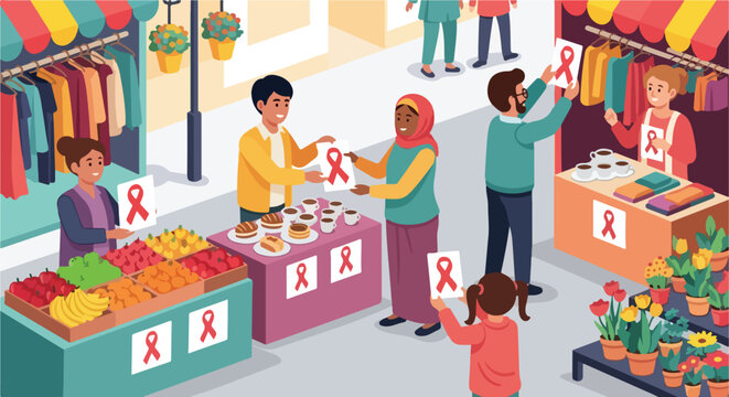 Diverse people participating in a street market fundraiser with red ribbon signs