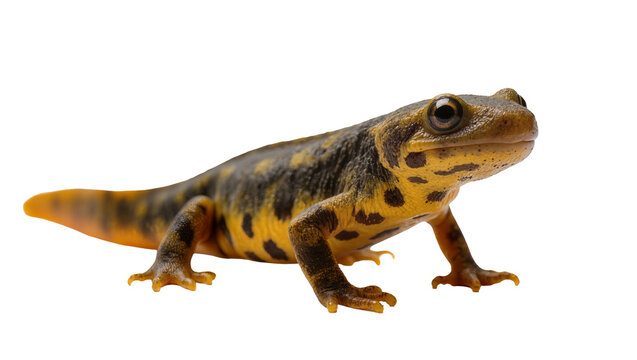 Spotted newt with yellow belly and dark patterned skin, isolated on transparent background