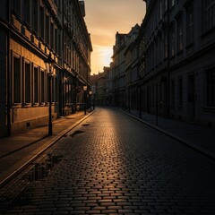 Fototapeta premium Golden Hour in Historic European Street.