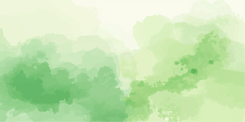 Fototapeta premium Abstract watercolor landscape showing a green forest with trees hills and soft clouds in the sky
