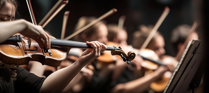 Enthusiastic string orchestra performance, musicians creating beautiful harmony and melody together.