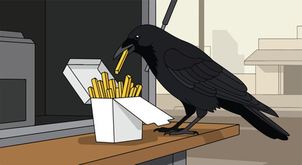 Naklejka premium A cartoon crow perched on a table eating a single french fry from a carton